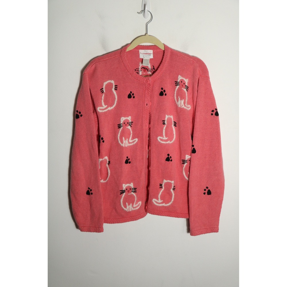 Vintage Christopher Banks Cat Cardigan Sweater XL Embroidered Pink Grandmacore